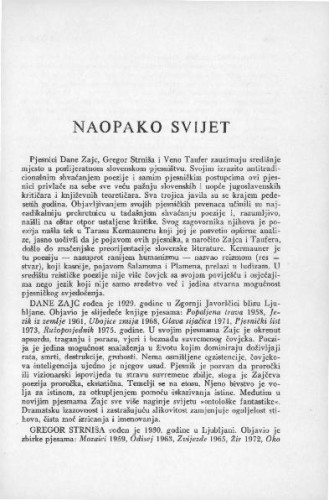 Naopako svijet / D. Zajc, G. Strniša i V. Taufer ;  uvodni tekst i prijevod Božidar B. Bagola