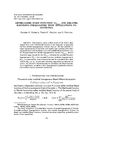 Generalized Horn function Hλ 4,p,q,ν and related bounding inequalities with applications to statistics / Rakesh K. Parmar, Tibor K. Pogány, S. Pirivina