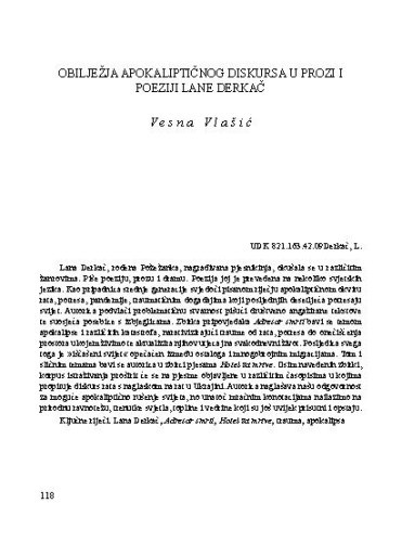 Obilježja apokaliptičnoga diskursa u prozi i poeziji Lane Derkač
/ Vesna Vlašić