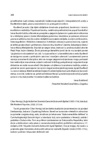 
Cihan Yemişçi, Doğu ile Batı'nın Sınırında Osmanlı-Dubrovnik İlişkileri (1592-1714), Istanbul: Efe Akademi Yayınları, 2023. : [prikaz] / Vesna Miović