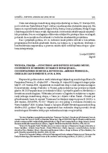 Vicenza, Italija – »Functions and Devices of Early Music. Conference in Memory of Marco Di Pasquale«, Conservatorio di musica di Vicenza »Arrigo Pedrollo«, Chiesa di San Domenico, 19-20. 4. 2024. : [izvješće] / Stanislav Tuksar