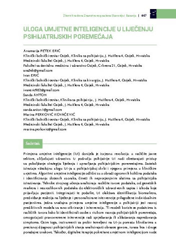 Uloga umjetne inteligencije u liječenju psihijatrijskih poremećaja / Anamarija Petek Erić, Ivan Erić, Sanda Anton, Marina Perković Kovačević