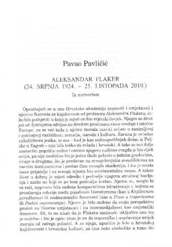Aleksandar Flaker (24. srpnja 1924. - 25. listopada 2010.) : in memoriam / Pavao Pavličić