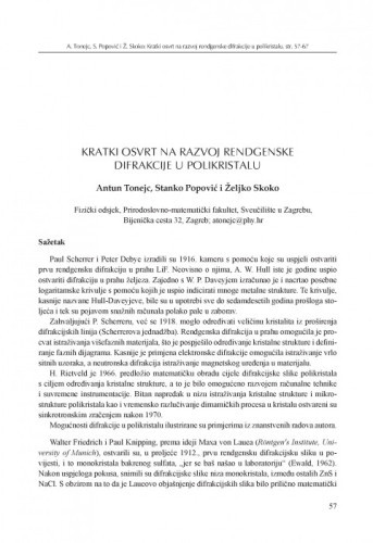 Kratki osvrt na razvoj rendgenske difrakcije u polikristalu / Antun Tonejc, Stanko Popović, Željko Skoko
