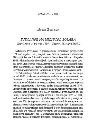 Sjećanje na Milivoja Solara : (Koprivnica, 8. travnja - Zagreb, 16. rujna 2025.) : nekrolog / Boris Senker