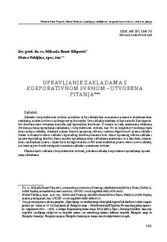 Upravljanje zakladama s korporativnom svrhom – otvorena pitanja / Mihaela Braut Filipović, Mateo Pahljina