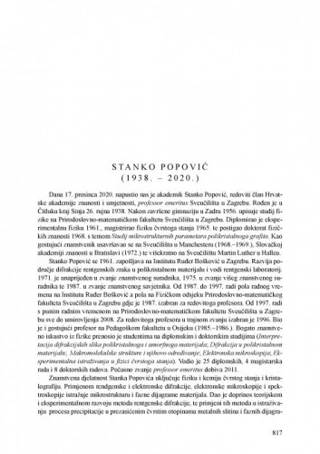 Stanko Popović (1938.-2020.) : [nekrolog] / Dubravka Matković-Čalogović