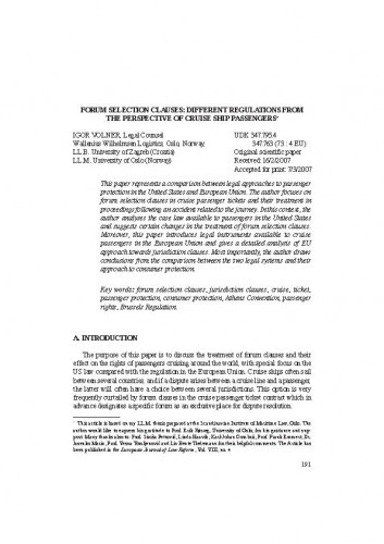 Forum selection clauses: different regulations from the perspective of cruise ship passengers / Igor Volner