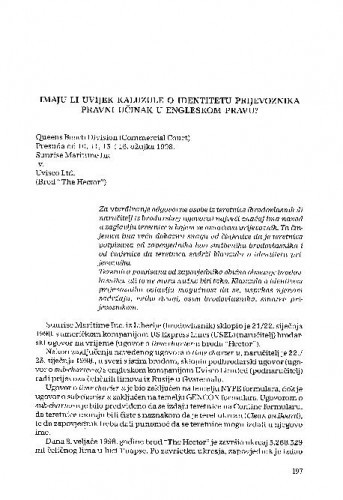 Imaju li uvijek klauzule o identitetu prijevoznika pravni učinak u engleskom pravu ? : [prikaz i bilješka] / Časlav Pejović