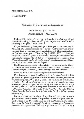 Odlazak dvoje hrvatskih frazeologa : Josip Matešić (1927.–2020.) [i] Antica Menac (1922.–2020.) : in memoriam / Željka Fink