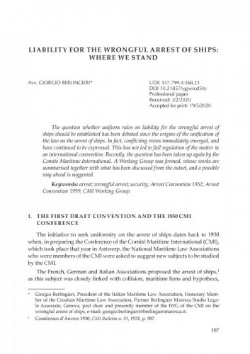 Liability for the Wrongful Arrest of Ships: Where We Stand / Giorgio Berlingieri