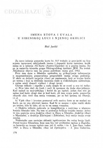 Imena rtova i uvala u Šibenskoj luci i njenoj okolici / B. Jurišić