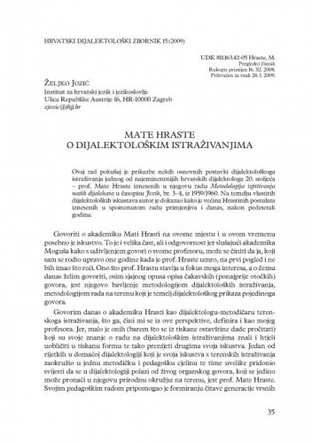 Mate Hraste o dijalektološkim istraživanjima / Željko Jozić