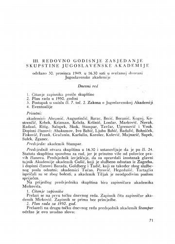 III. redovno godišnje zasjedanje skupštine Jugoslavenske akademije : održano 30. prosinca 1949.