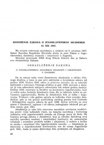 Donošenje Zakona o Jugoslavenskoj akademiji 13. XII. 1947.