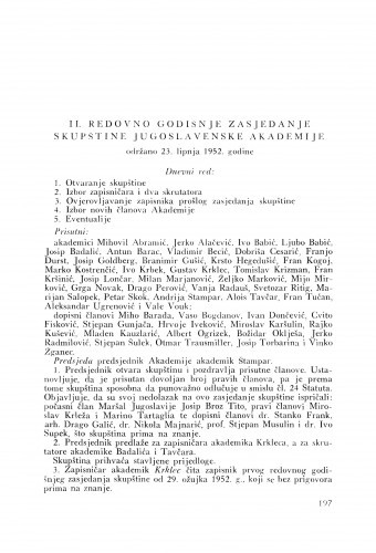 II. redovno godišnje zasjedanje skupštine Jugoslavenske akademije održano 23. lipnja 1952. godine
