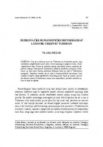 Dubrovački humanistički historiograf Ludovik Crijević Tuberon / Vlado Rezar