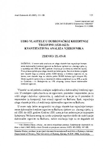 Udio vlastele u dubrovačkoj kreditnoj trgovini (1520-1623) : kvantitativna analiza vjerovnika / Zdenko Zlatar