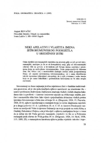 Neki apelativi i vlastita imena istrorumunjskog porijekla u središnjoj Istri / August Kovačec