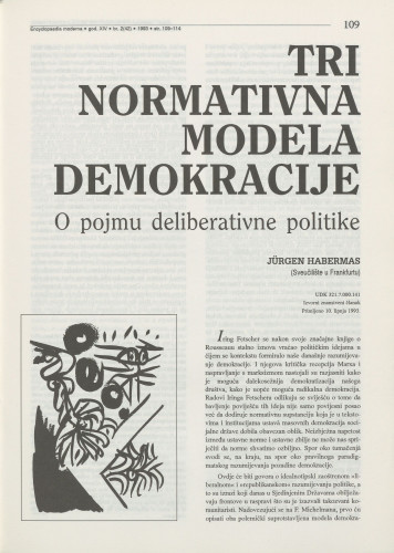 Tri normativna modela demokracije : o pojmu deliberativne politike / Jürgen Habermas