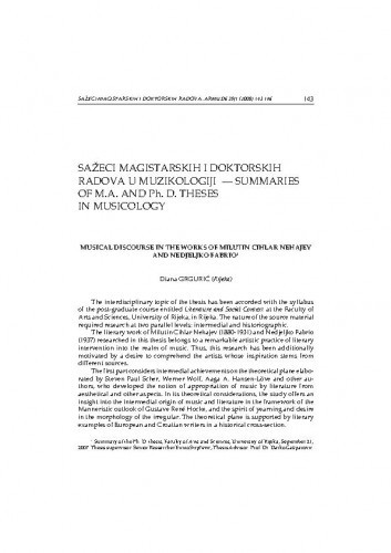 Musical discourse in the works of Milutin Cihlar Nehajev and Nedjeljko Fabrio : [sažetak doktorskog rada] / Diana Grgurić