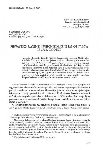 Hrvatsko-latinski rječnik Matije Jakobovića iz 1710. godine / Loretana Despot