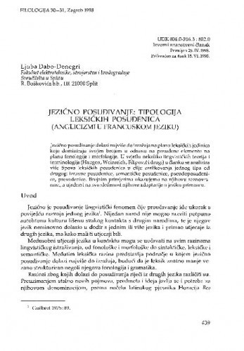 Jezično posuđivanje: tipologija leksičkih posuđenica (anglicizmi u francuskom jeziku) / Ljuba Dabo-Denegri