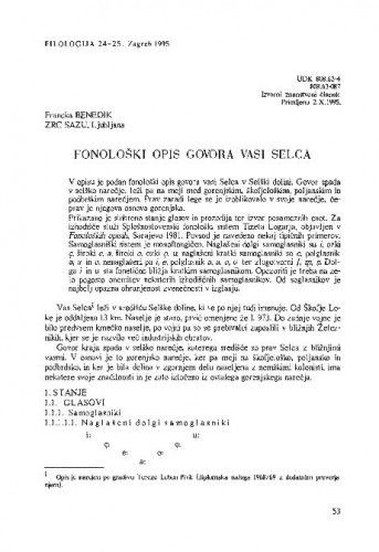 Fonološki opis govora vasi Selca / Francka Benedik