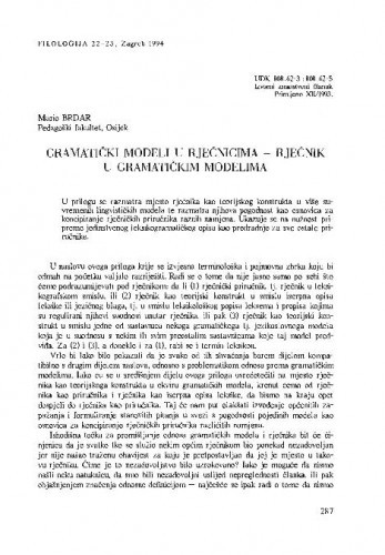 Gramatički modeli u rječnicima - rječnik u gramatičkim modelima / Mario Brdar