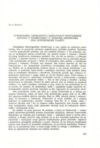 O nastanku, ustrojstvu i djelovanju novčarskih zavoda u Dubrovniku u zadnjim decenijama pod austrijskom vlašću / Ivo Perić
