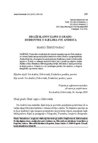 Dražeslavov zapis o Gradu: Dubrovnik u djelima Ive Andrića / Mario Šimudvarac