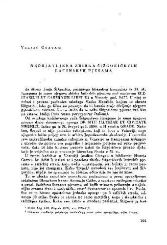 Neobjavljena zbirka Šižgorićevih latinskih pjesama / Juraj Šižgorić ; priredio Veljko Gortan