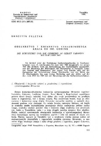 Obućarstvo i kožarstvo varaždinskoga kraja do 1945. godine / Dragutin Feletar