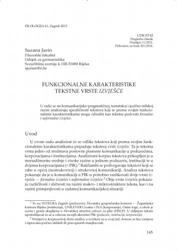 Funkcionalne karakteristike tekstne vrste izvješće / Suzana Jurin
