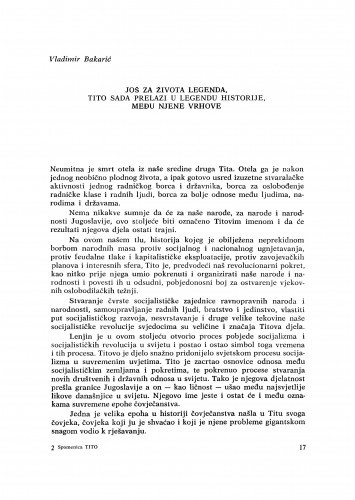 Još za života legenda, Tito sada prelazi u legendu historije, među njene vrhove / V. Bakarić