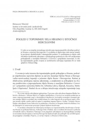Pogled u toponimiju sela Hrasno u istočnoj Hercegovini / Domagoj Vidović