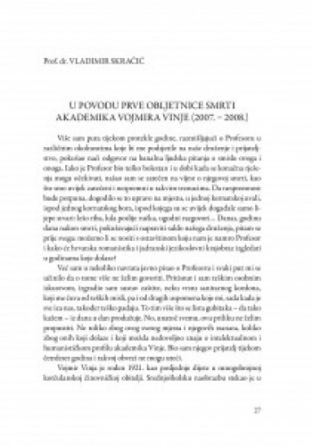 U povodu prve obljetnice smrti akademika Vojmira Vinje : (2007.-2008.) / Vladimir Skračić