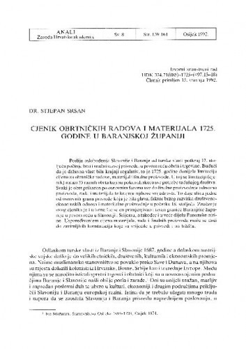 Cjenik obrtničkih radova i materijala 1725. godine u baranjskoj županiji / Stjepan Sršan