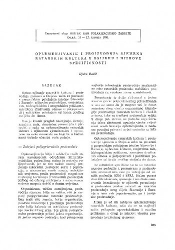 Oplemenjivanje i proizvodnja sjemena ratarskih kultura u Osijeku i njihove specifičnosti / Ljubo Radić