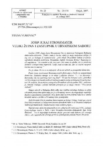Josip Juraj Strossmayer veliki župan i zastupnik u Hrvatskom saboru / Stana Vukovac