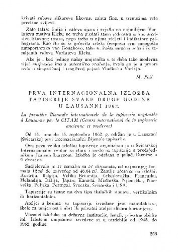 Prva internacionalna izložba tapiserije svake druge godine u Lausanni 1962. / Mira Kovačević