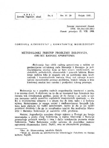 Metodološki pristup problemu bolovanja, obliku radnog apsentizma / Gordana Ajduković, Konstantin Momirović